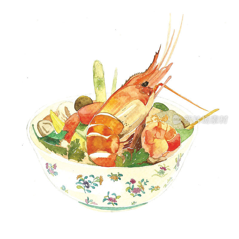 酸虾汤。泰国菜。非常有名的泰国菜。手绘水彩画。参考图片来自http://thaSour虾汤。泰国菜。非常有名的泰国菜。水彩画